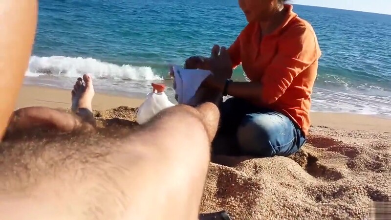 Older Asian bitch massages a guy’s hairy legs admiring his big cock